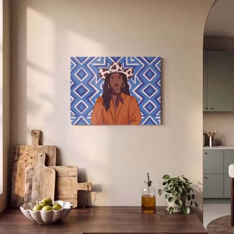 Vrouw - Cowboyhoed - Portret - Modern - Blauw PET vilt klein -sfeer2
