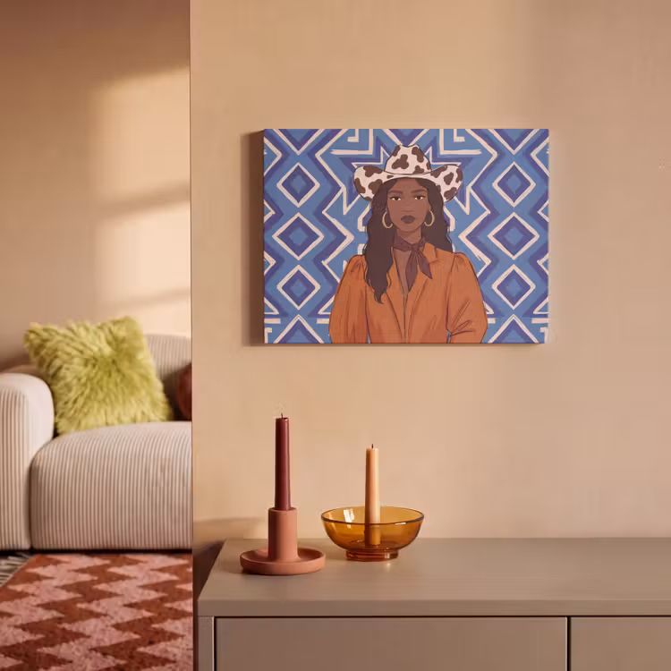 Vrouw - Cowboyhoed - Portret - Modern - Blauw PET vilt klein -sfeer1
