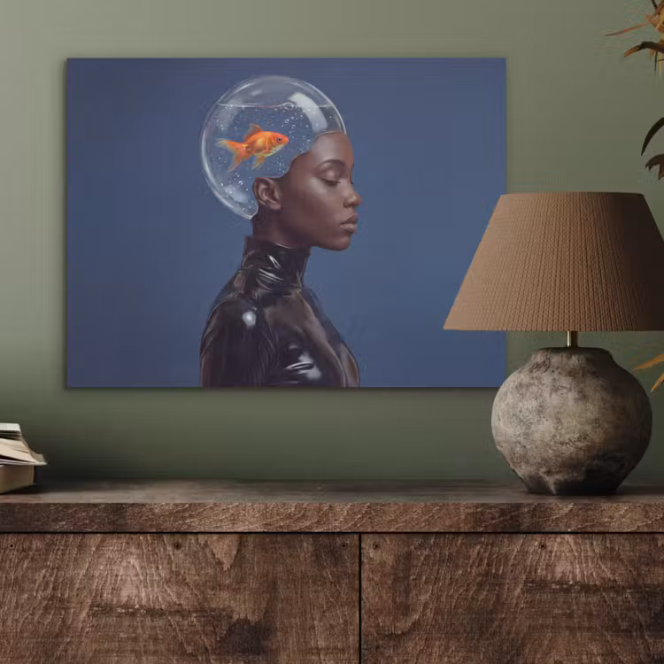 Vrouw - Goudvis - Hoofd - Abstract - Blauw PET vilt klein -sfeer2