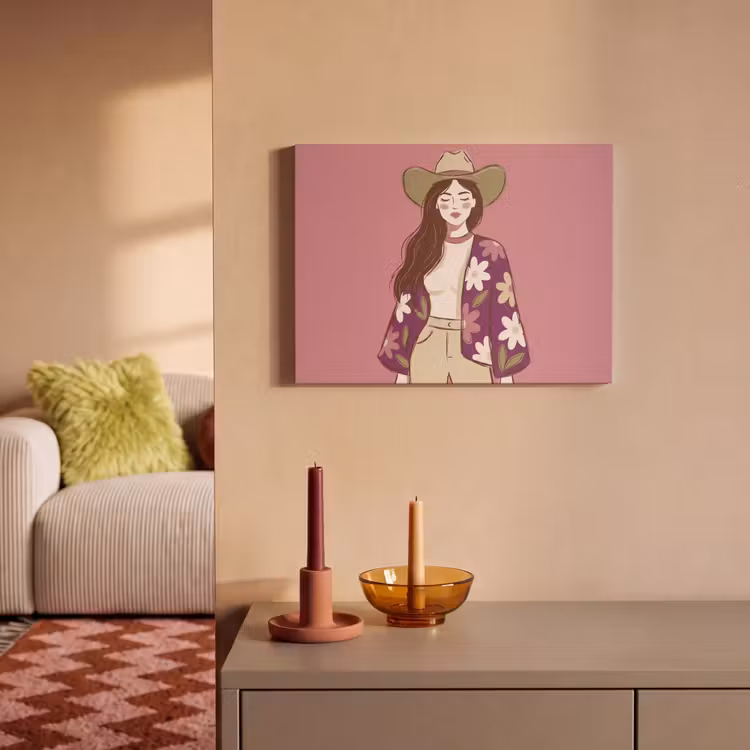 Vrouw - Hoed - Portret - Illustratie - Roze PET vilt klein -sfeer1