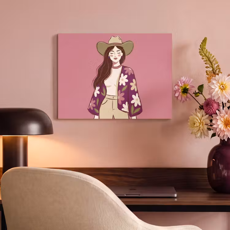 Vrouw - Hoed - Portret - Illustratie - Roze PET vilt klein -sfeer3