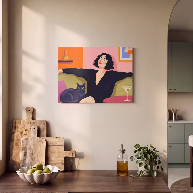 Vrouw - Kat - Interieur - Modern - Kleurrijk PET vilt klein -sfeer2