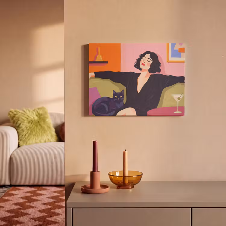 Vrouw - Kat - Interieur - Modern - Kleurrijk PET vilt klein -sfeer1