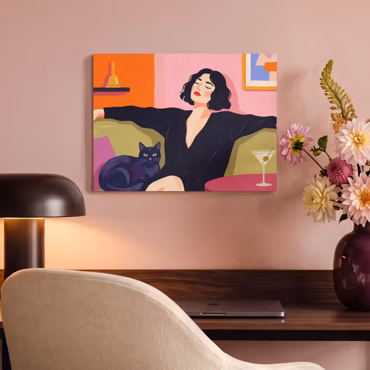 Vrouw - Kat - Interieur - Modern - Kleurrijk PET vilt klein -sfeer3