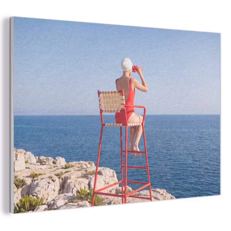 Vrouw - Zee - Kust - Verrekijker - Rood PET vilt klein -3d