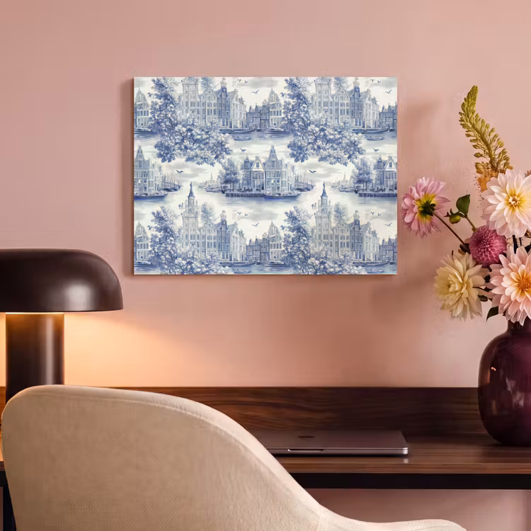 Huizen - Bomen - Water - Vogels - Blauw PET vilt klein 837 -sfeer3