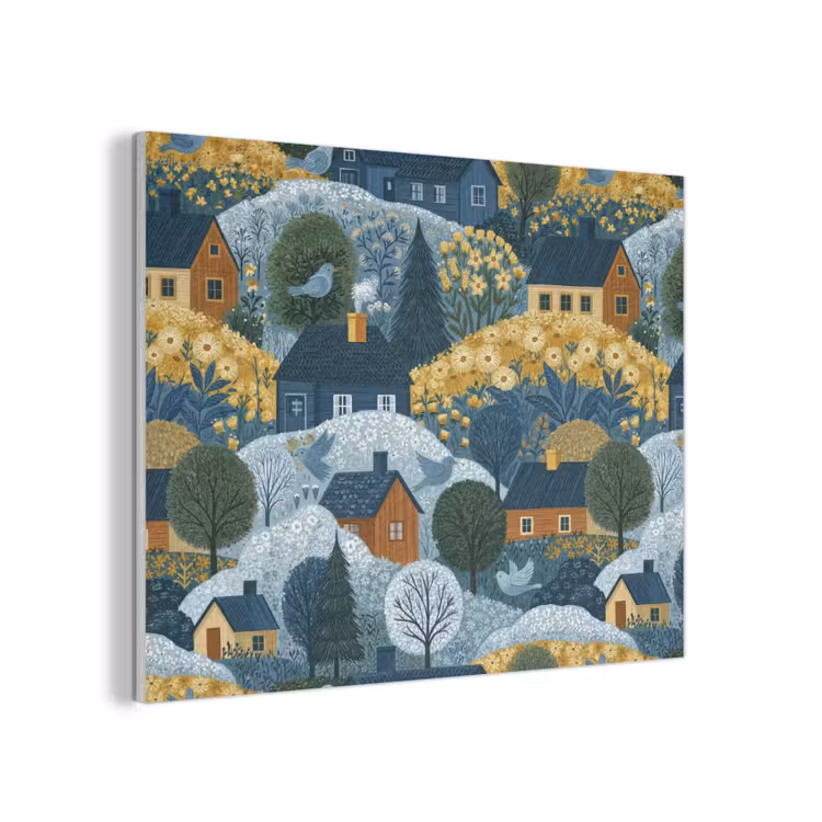 Huisjes - Bloemen - Patroon - Geel - Blauw PET vilt klein 837 -3d