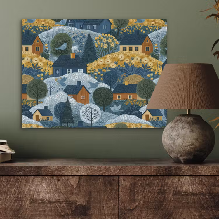 Huisjes - Bloemen - Patroon - Geel - Blauw PET vilt klein 837 -sfeer2