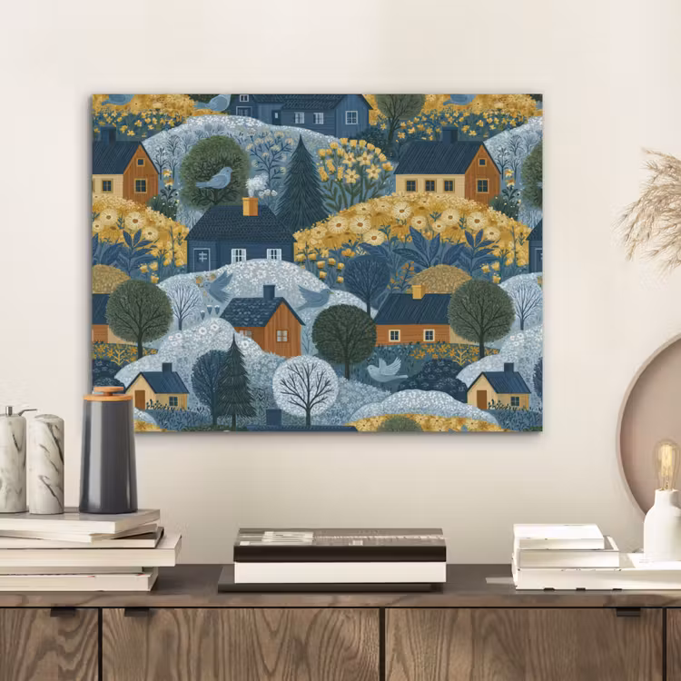 Huisjes - Bloemen - Patroon - Geel - Blauw PET vilt klein 837 -sfeer1