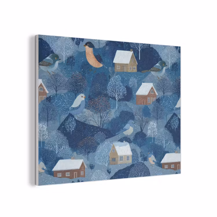 Huisjes - Vogels - Sneeuw - Winter - Blauw PET vilt klein 837 -3d