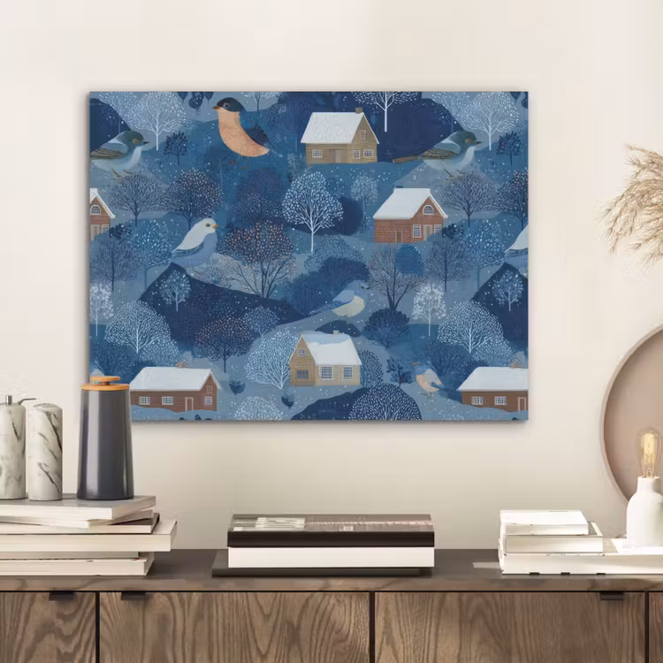 Huisjes - Vogels - Sneeuw - Winter - Blauw PET vilt klein 837 -sfeer1