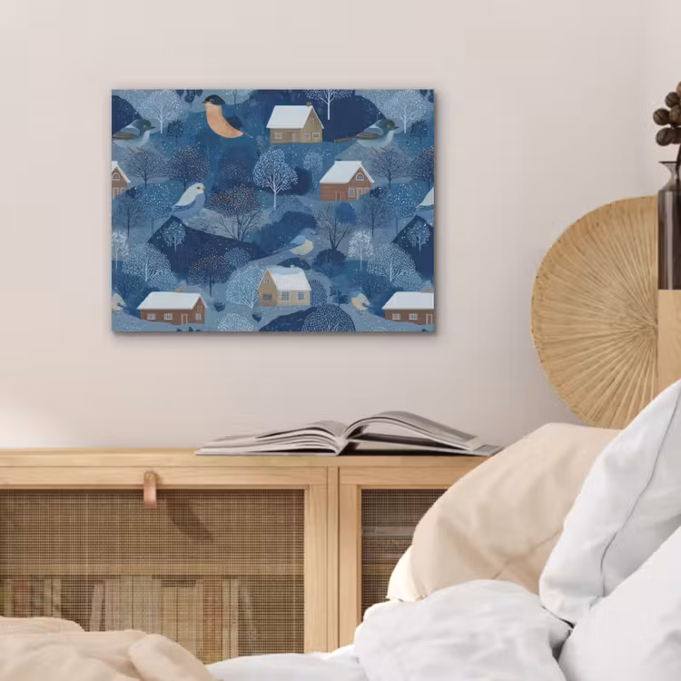 Huisjes - Vogels - Sneeuw - Winter - Blauw PET vilt klein 837 -sfeer3