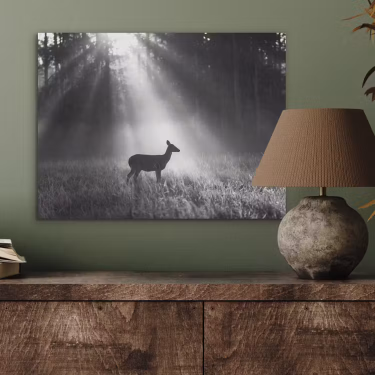 Hert - Bos - Zonnestralen - Zwart-wit - Natuur PET vilt klein -sfeer2