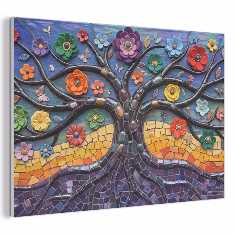 Levensboom - Mozaïek - Bloemen - Kleurrijk - Vrolijk PET vilt klein -3d