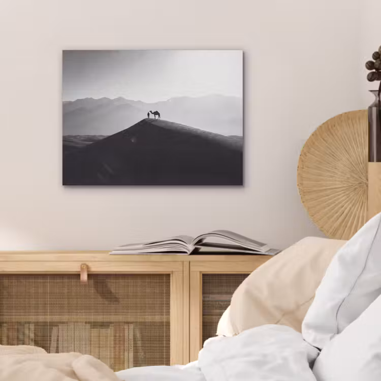 Mens - Kameel - Zandduin - Natuur - Monochroom PET vilt klein -sfeer3