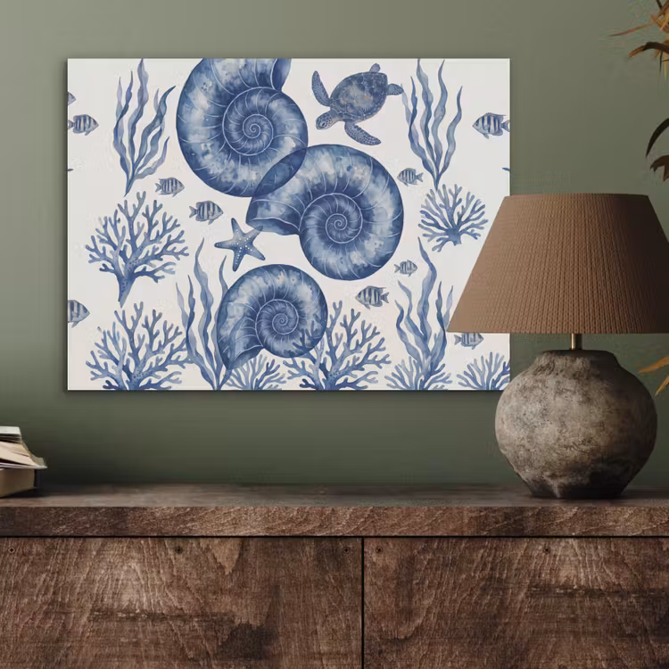 Schelp - Spiraal - Zeeleven - Aquarel - Blauw PET vilt klein -sfeer2
