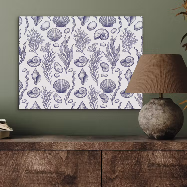 Schelpen - Zeewier - Oceaan - Illustratie - Blauw PET vilt klein -sfeer2
