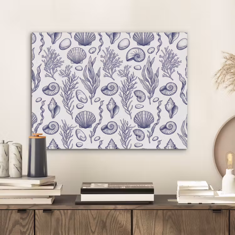 Schelpen - Zeewier - Oceaan - Illustratie - Blauw PET vilt klein -sfeer1