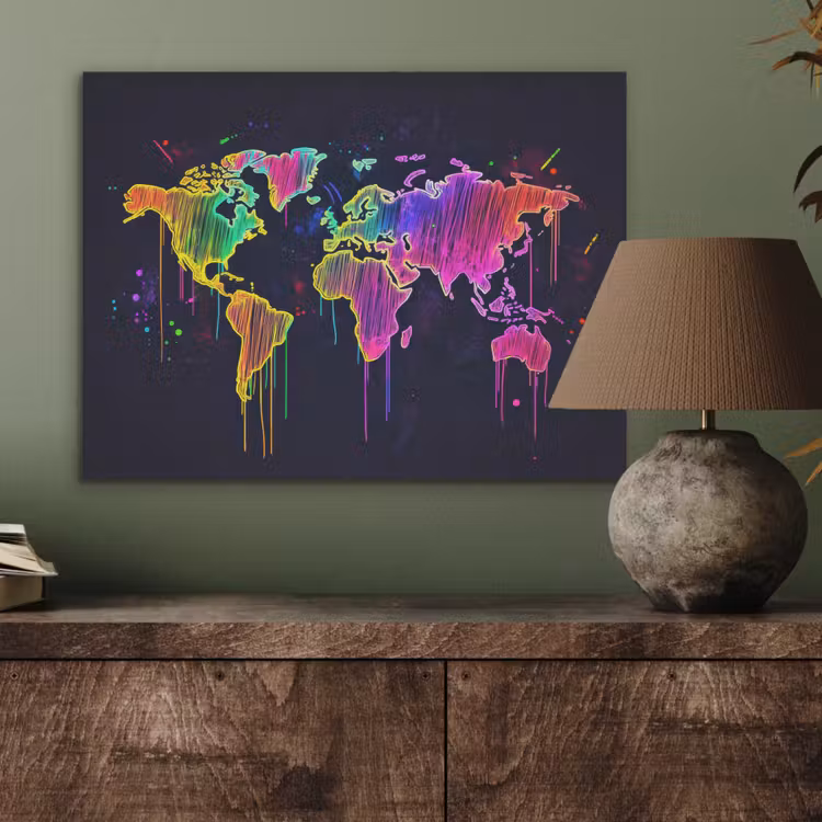 Neon - Wereldkaart - Kleur - Drip PET vilt klein -sfeer2
