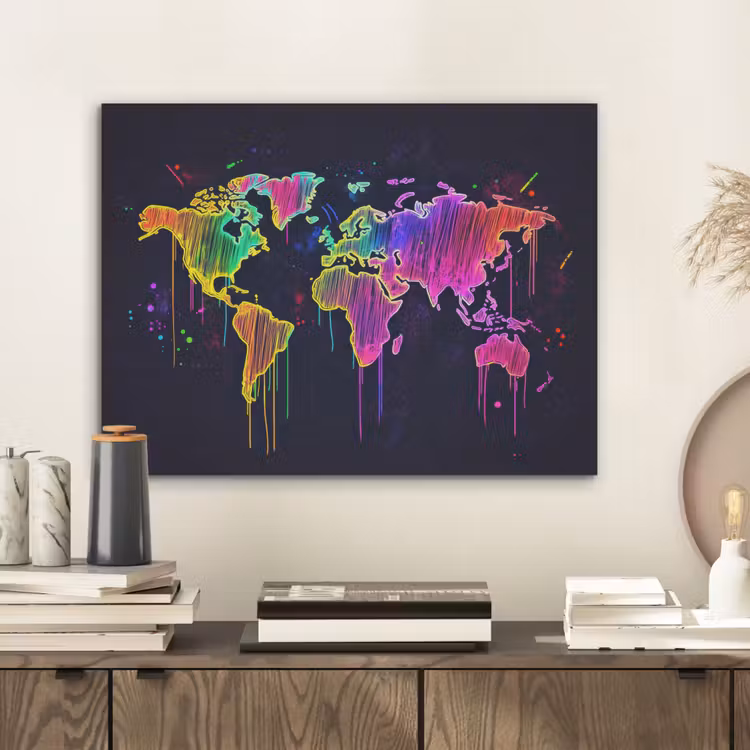 Neon - Wereldkaart - Kleur - Drip PET vilt klein -sfeer1