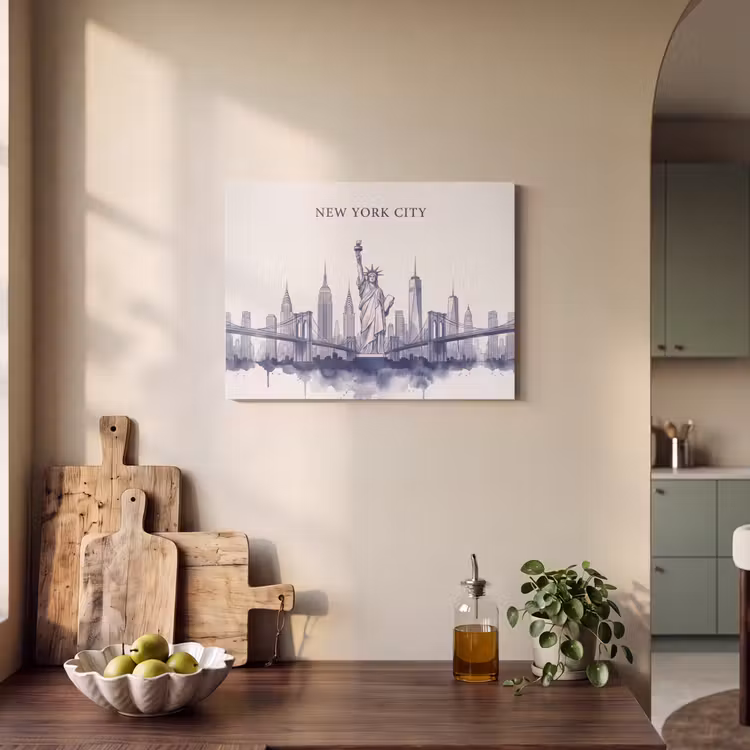 New York - Vrijheidsbeeld - Skyline - Illustratie - Blauw PET vilt klein -sfeer2