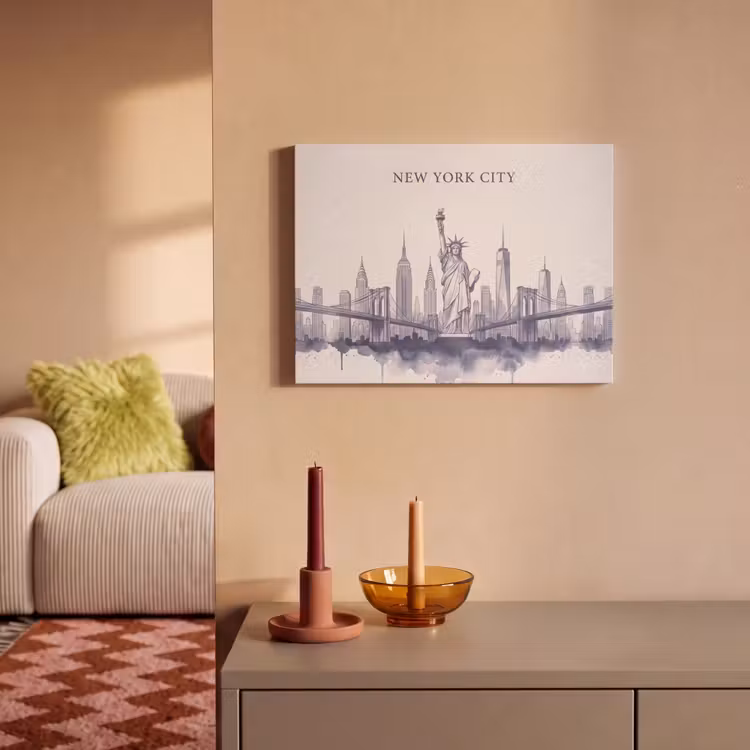 New York - Vrijheidsbeeld - Skyline - Illustratie - Blauw PET vilt klein -sfeer1
