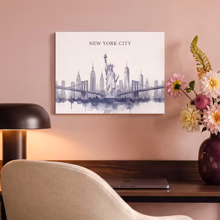 New York - Vrijheidsbeeld - Skyline - Illustratie - Blauw PET vilt klein -sfeer3