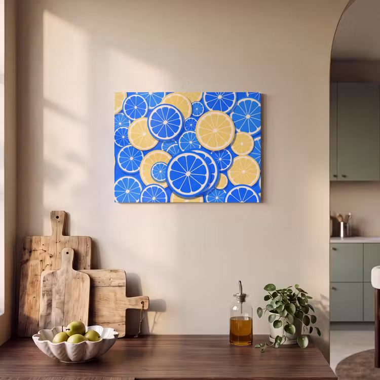 Fruit - Schijven - Patroon - Modern - Blauw - Geel PET vilt klein -sfeer2