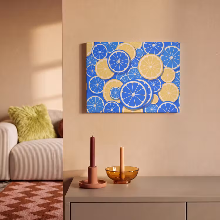 Fruit - Schijven - Patroon - Modern - Blauw - Geel PET vilt klein -sfeer1
