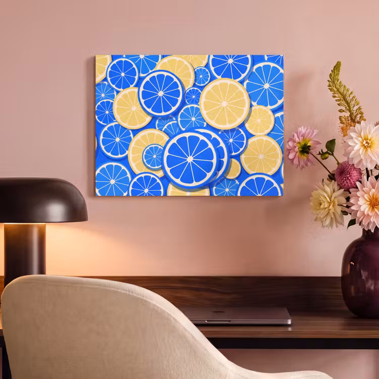 Fruit - Schijven - Patroon - Modern - Blauw - Geel PET vilt klein -sfeer3