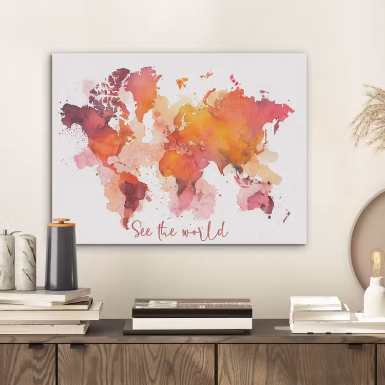 Oranje - Aquarel - Quote - Wereldkaart PET vilt klein -sfeer1
