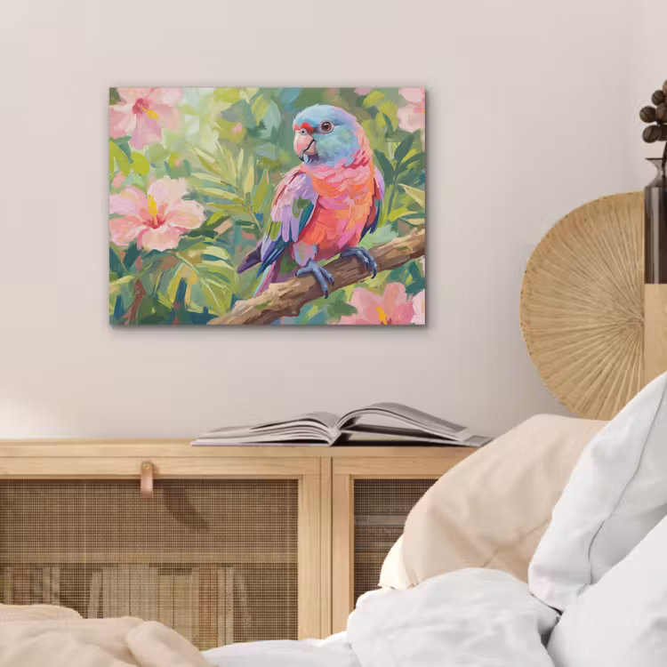 Papagaai - Hibiscusbloemen - Kleurrijk PET vilt klein -sfeer3