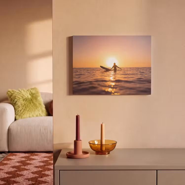 Persoon - Surfen - Zonsondergang - Zee - Oranje PET vilt klein -sfeer1
