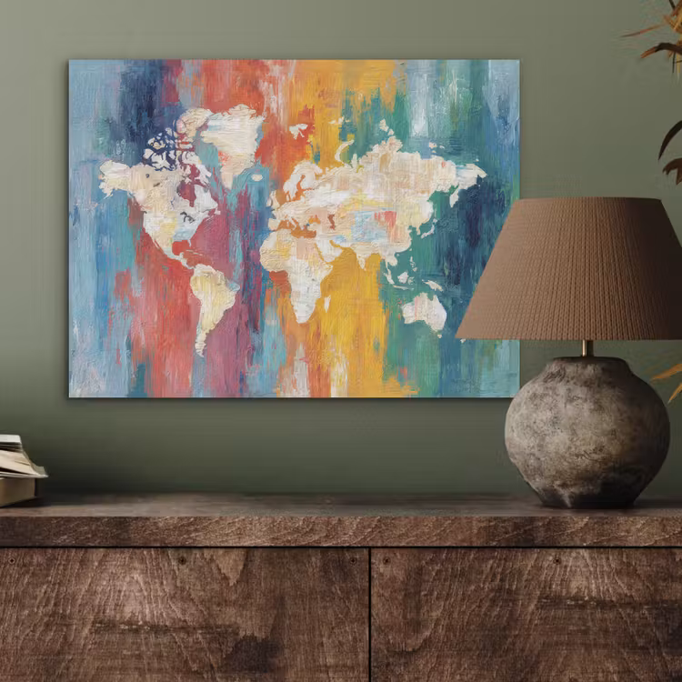 Penseelstreken - Kleurrijk - Schilderij - Wereldkaart PET vilt klein -sfeer2