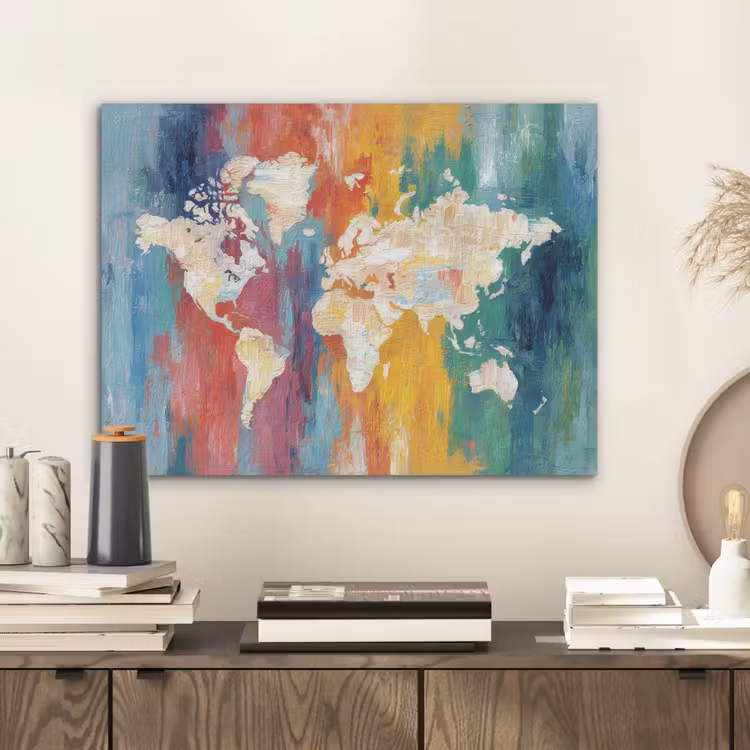 Penseelstreken - Kleurrijk - Schilderij - Wereldkaart PET vilt klein -sfeer1