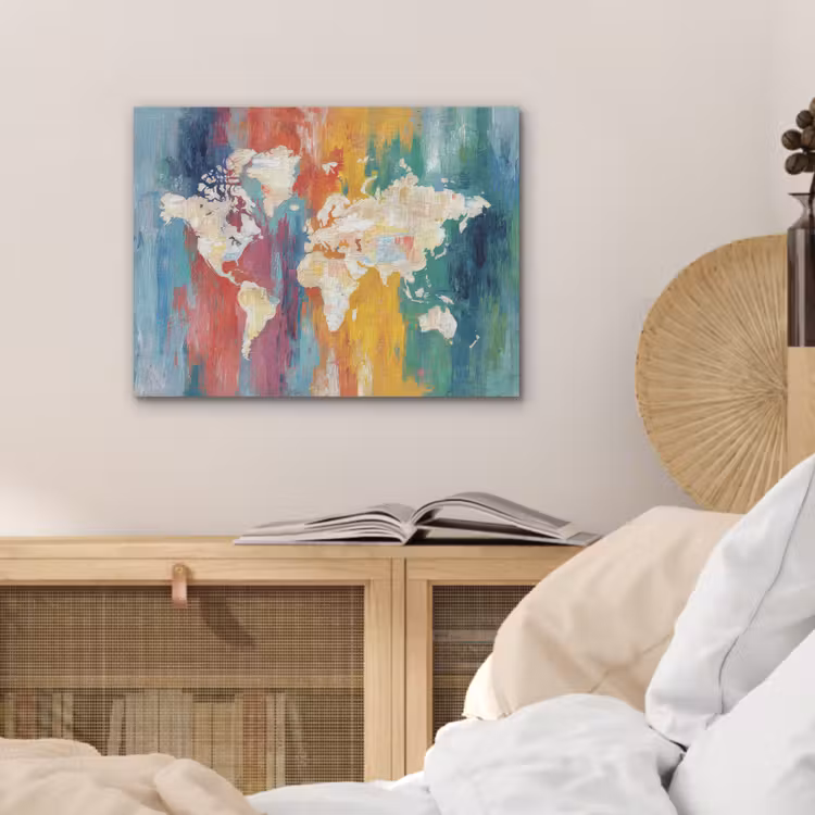 Penseelstreken - Kleurrijk - Schilderij - Wereldkaart PET vilt klein -sfeer3