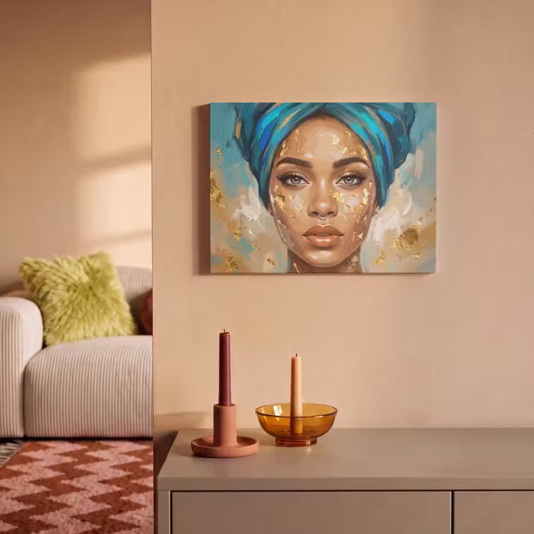 Portret - Vrouw - Schilderij - Blauw - Goud - Expressief PET vilt klein -sfeer1