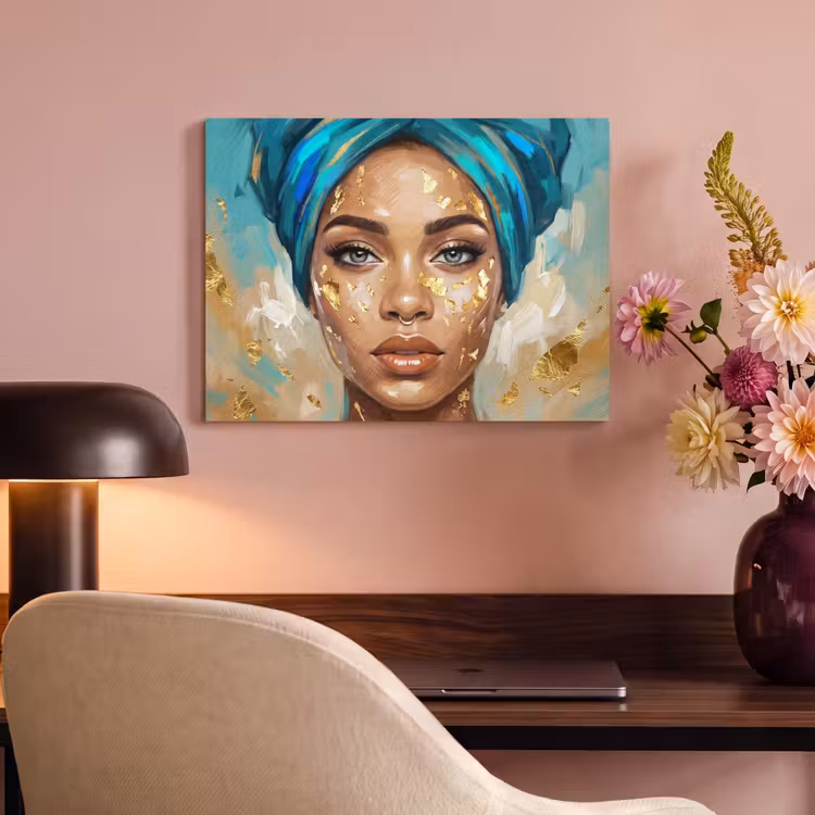 Portret - Vrouw - Schilderij - Blauw - Goud - Expressief PET vilt klein -sfeer3