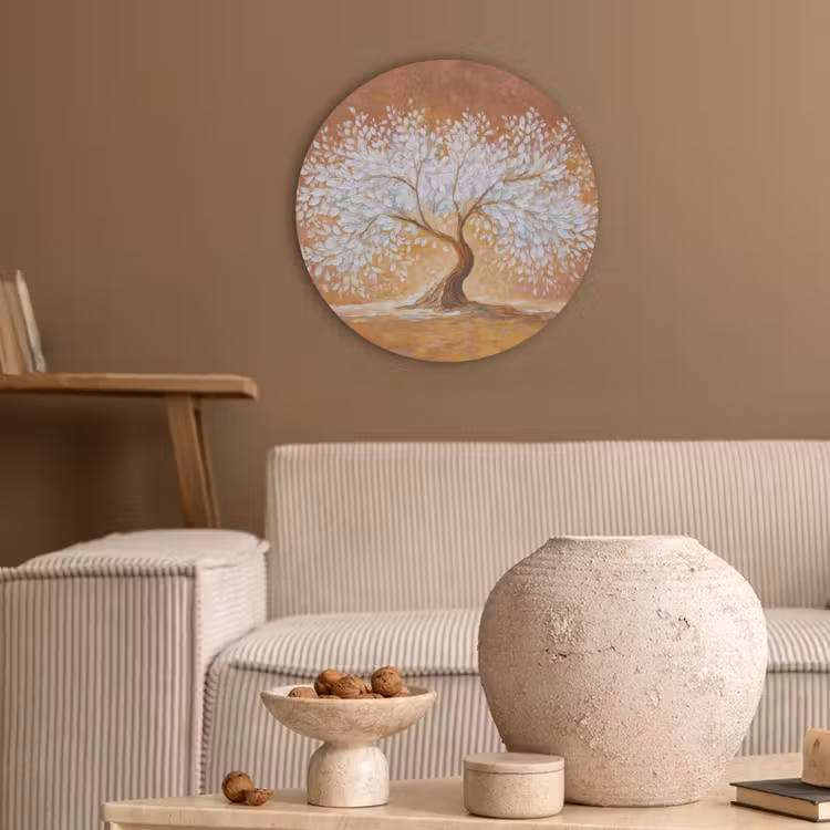 Abstract - Boom - Wit - Bladeren Akoestische PET Vilt - Rond klein -sfeer1