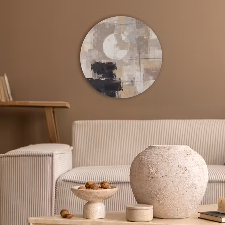 Abstract - Cirkel - Modern - Beige - Zwart - Minimalistisch Akoestische PET Vilt - Rond klein -sfeer1