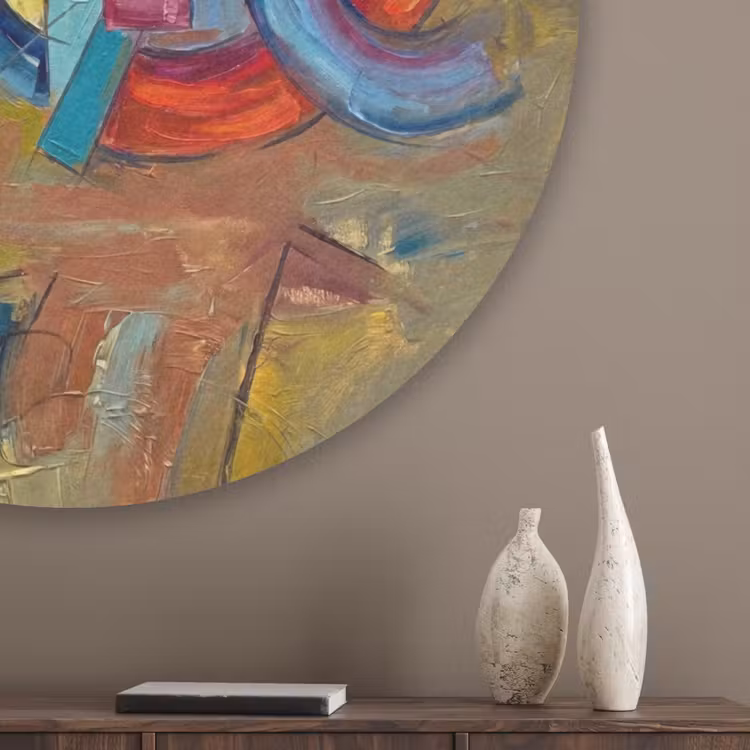 Abstract - Cirkels - Schilderij - Kleurrijk - Dynamisch Akoestische PET Vilt - Rond klein -sfeer5_closeup