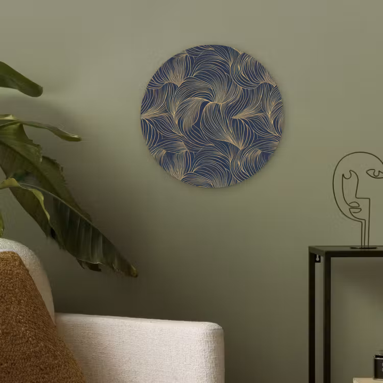 Abstract - Lijnen - Blauw - Goud Akoestische PET Vilt - Rond klein 838 -sfeer2