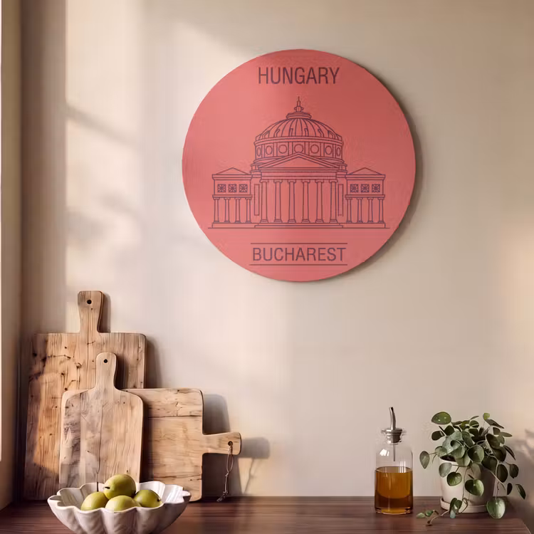 Architectuur - Boekarest - Stedelijk - Lijntekening - Rood Akoestische PET Vilt - Rond klein -sfeer2
