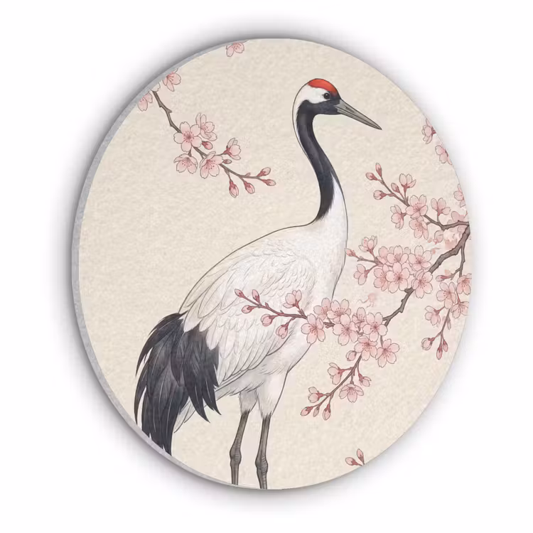 Aziatisch - Kraanvogel - Beige Akoestische PET Vilt - Rond klein -3d