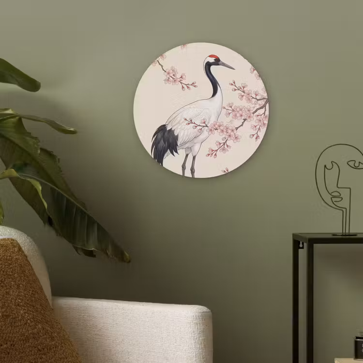 Aziatisch - Kraanvogel - Beige Akoestische PET Vilt - Rond klein -sfeer2