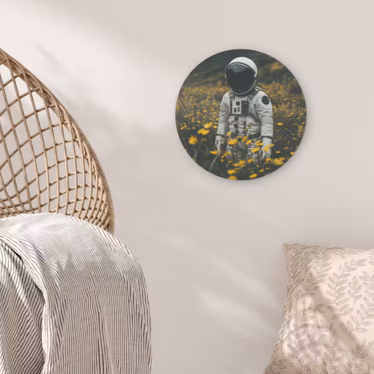 Astronaut - Bloemen - Veld - Geel Akoestische PET Vilt - Rond klein -sfeer4