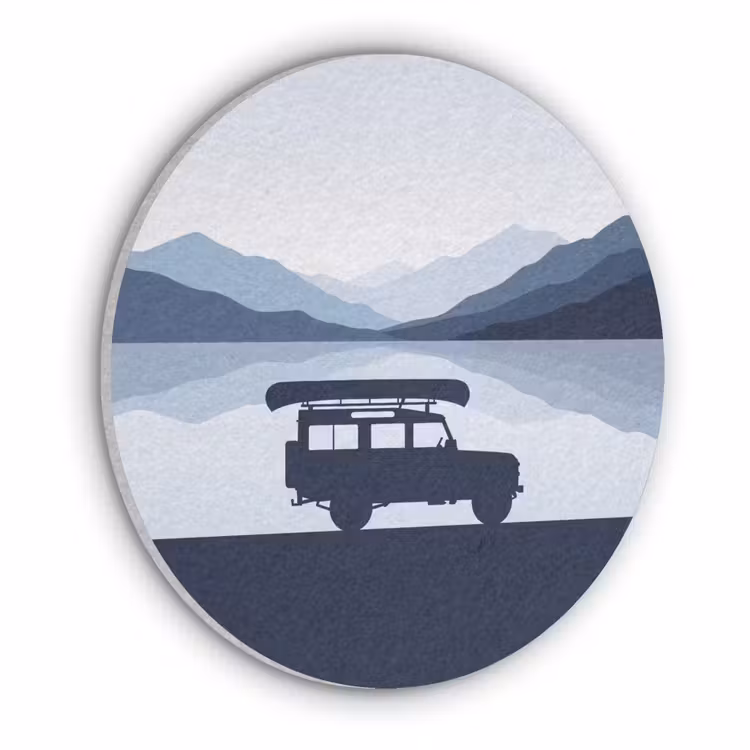 Auto - Meer - Bergen - Blauw Akoestische PET Vilt - Rond klein -3d
