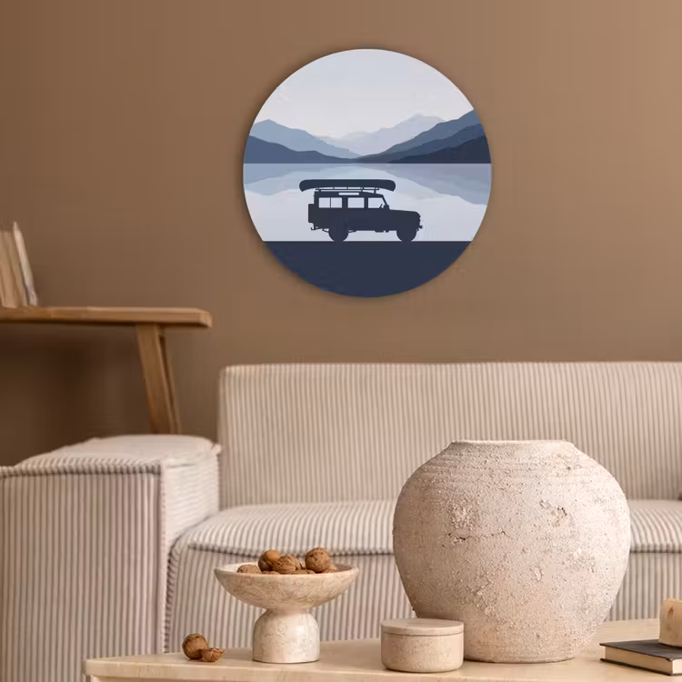 Auto - Meer - Bergen - Blauw Akoestische PET Vilt - Rond klein -sfeer1