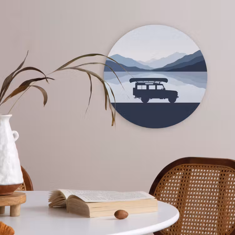 Auto - Meer - Bergen - Blauw Akoestische PET Vilt - Rond klein -sfeer3