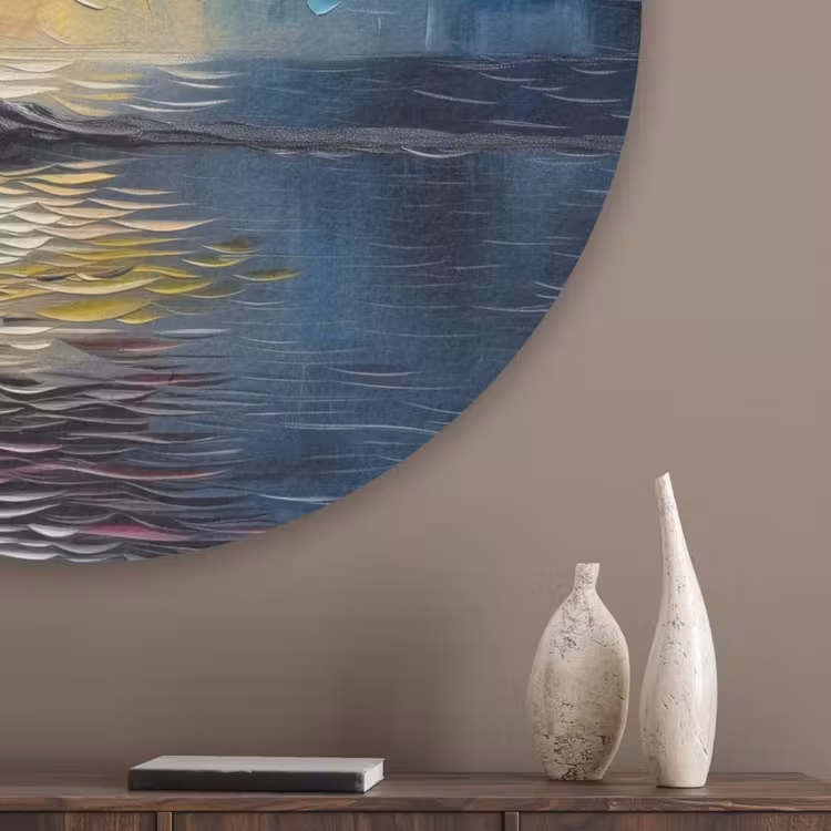 Boom - Blauw - Bladeren - Vakken Akoestische PET Vilt - Rond klein -sfeer5_closeup